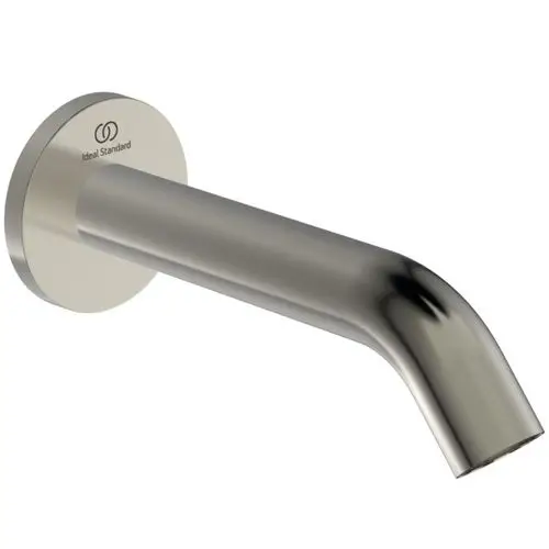 Wandauslauf in Silberton mit runder Wandmontageplatte von Ideal Standard. Der Auslauf hat eine geschwungene Form und endet mit einer geraden Abflussöffnung.